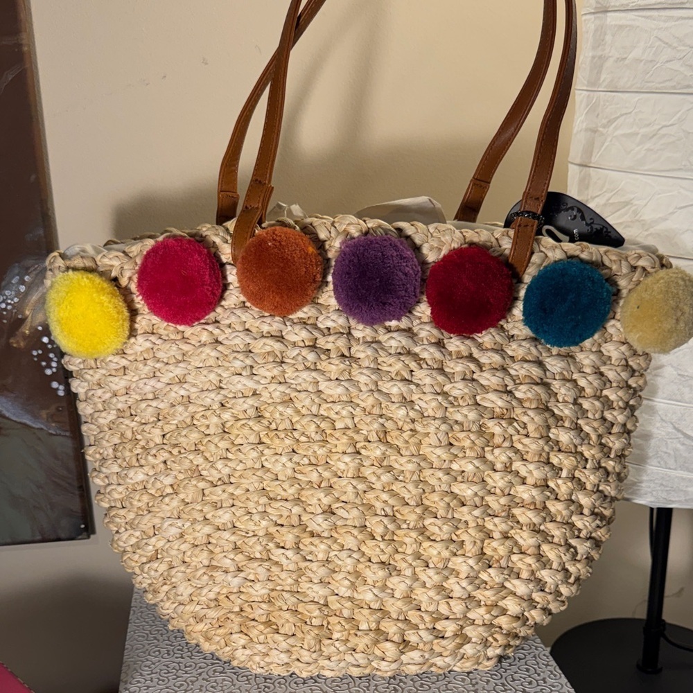 Woven Straw Tote Bag with Colorful Pom Poms NWT - Picture 6 of 6